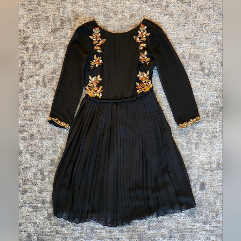 Ted Baker Elegant Black Dress with Gold Bead Embroidery
